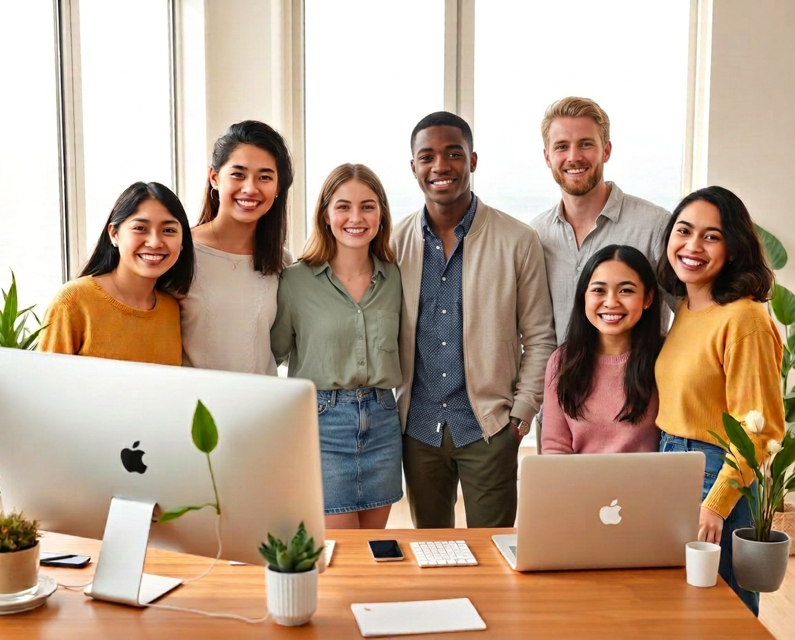 The Web Bloom design team — a diverse group of young designers smiling together, with laptops, an iMac, and an ocean view behind them